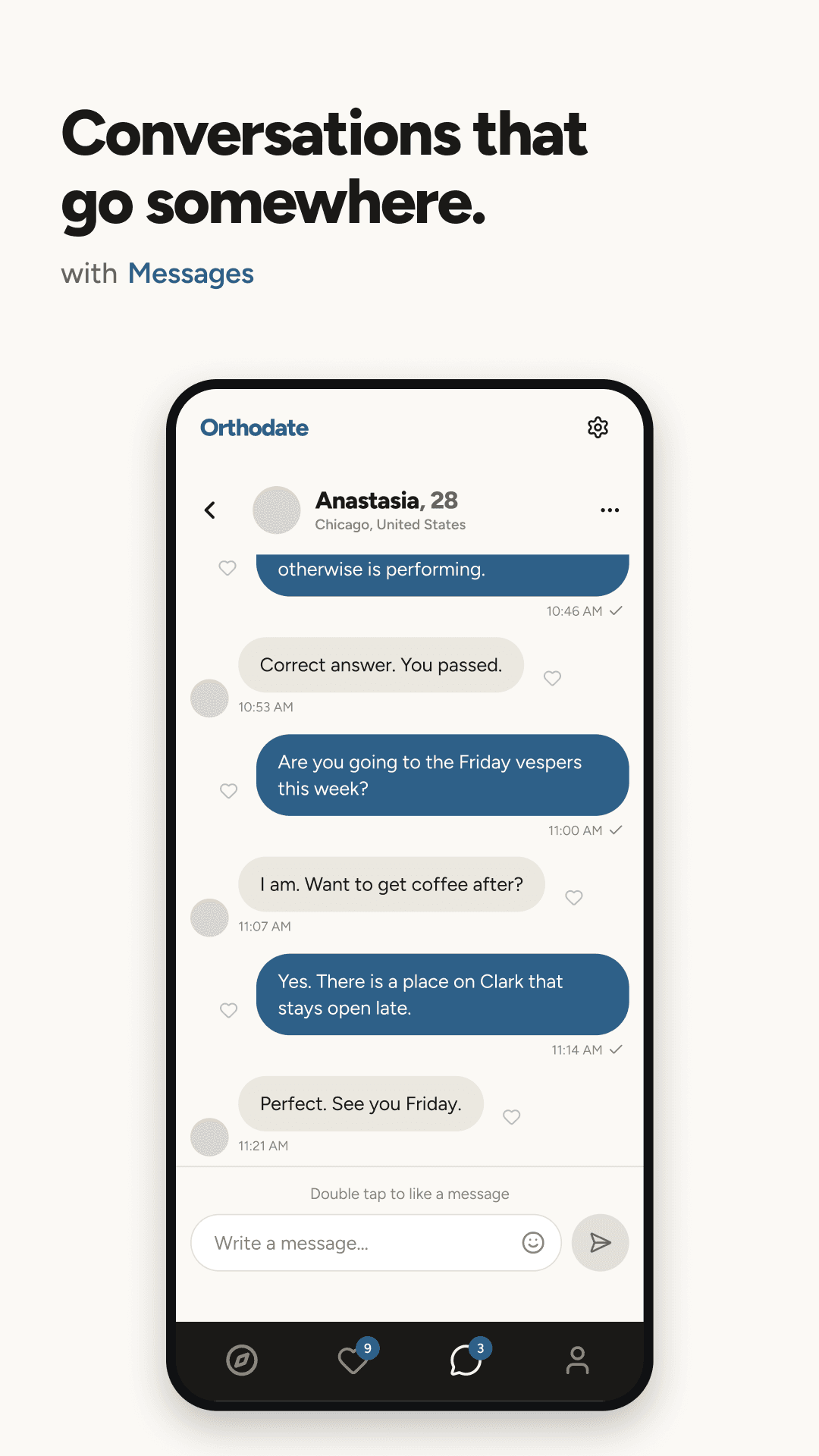 An Orthodate conversation on Android, arranging coffee after Friday vespers.