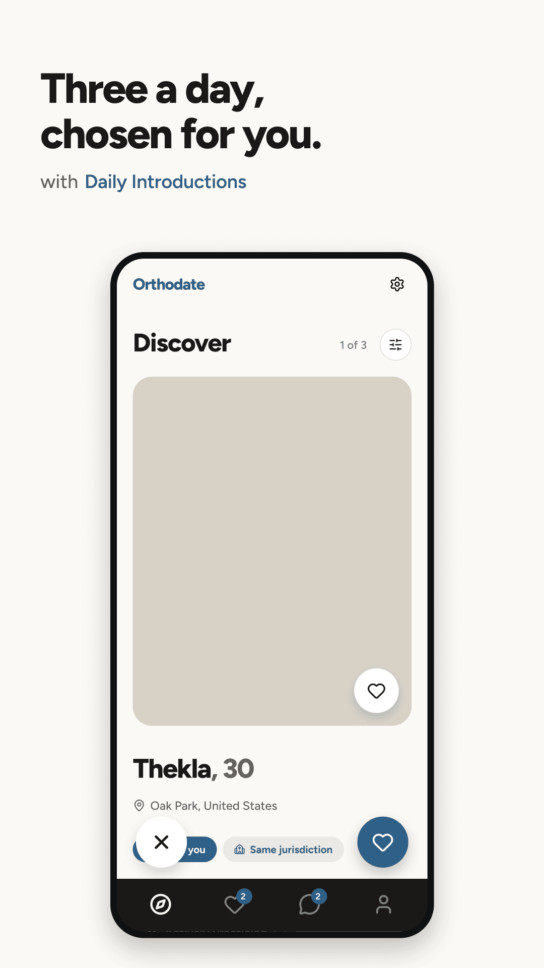 The Orthodate Discover screen on Android: three introductions a day, with a shared-jurisdiction highlight.