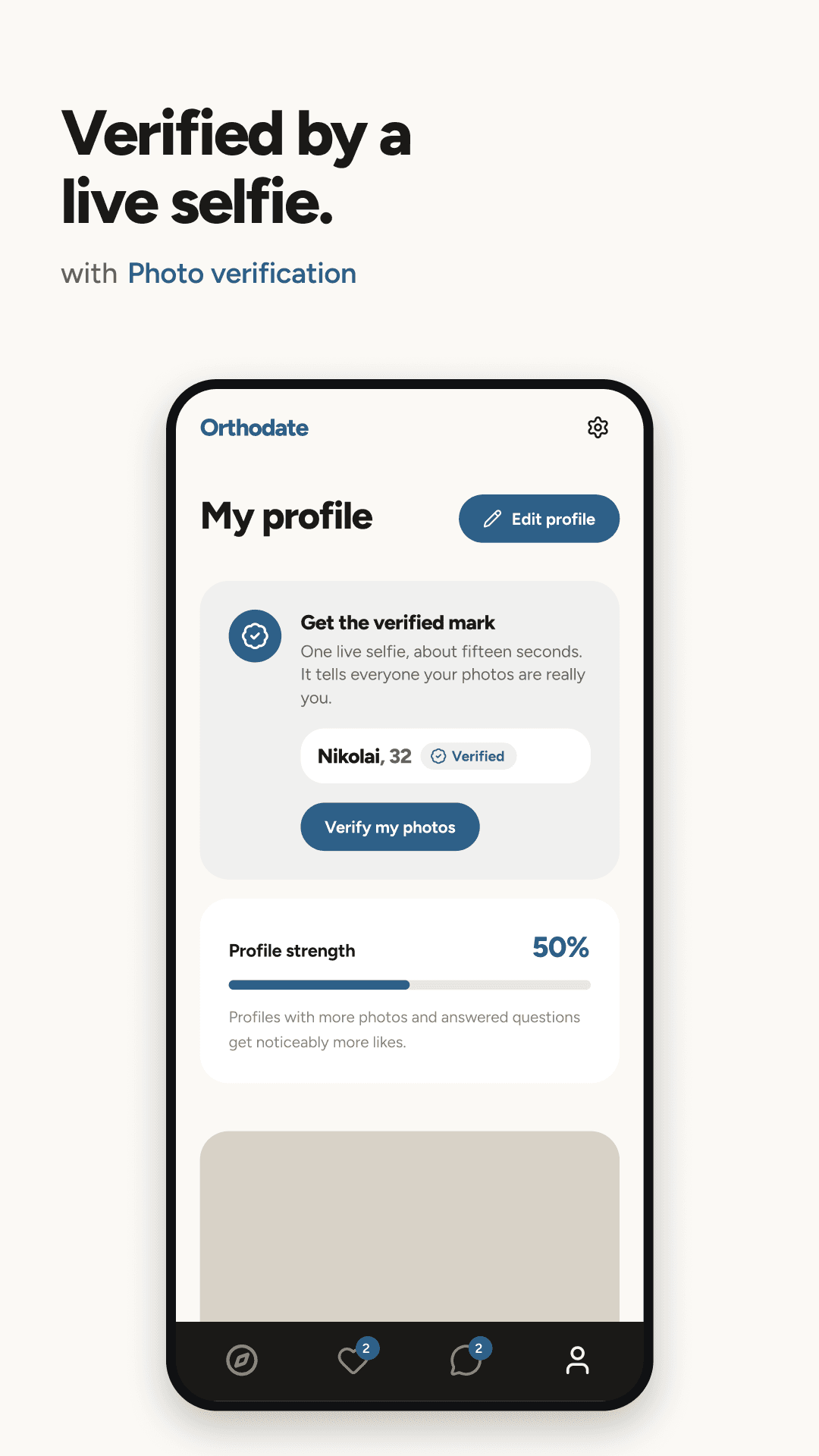 The Orthodate profile screen on Android, offering the live selfie check that earns the verified mark.
