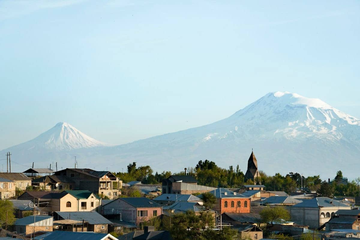 Mount Ararat rising beyond the rooftops of Yerevan