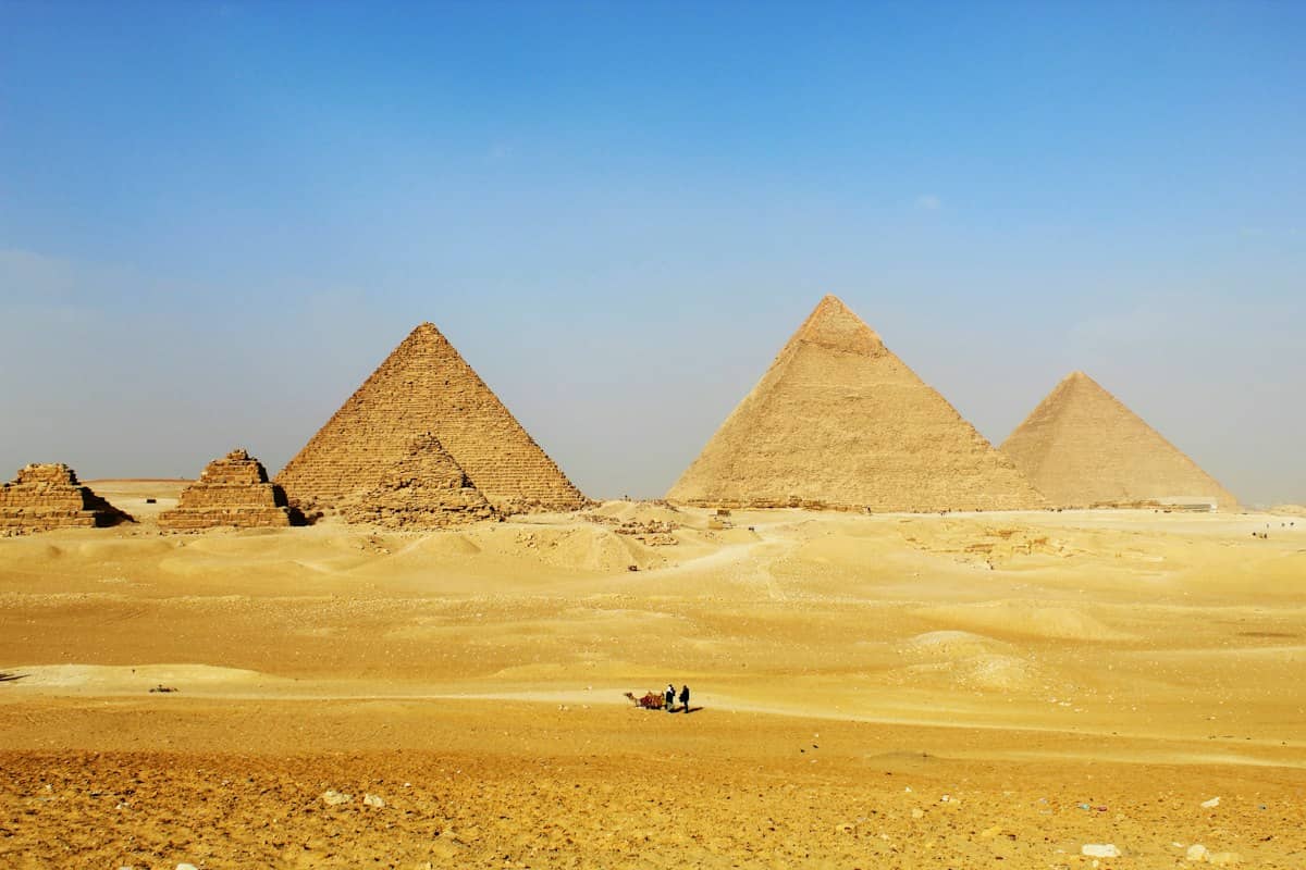 The Pyramids of Giza in the desert outside Cairo