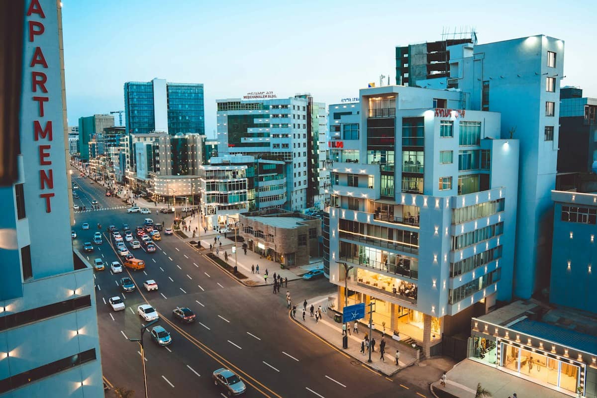 A busy Addis Ababa boulevard at dusk