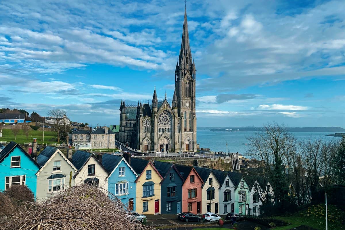 A cathedral above the coloured houses of Cobh, County Cork