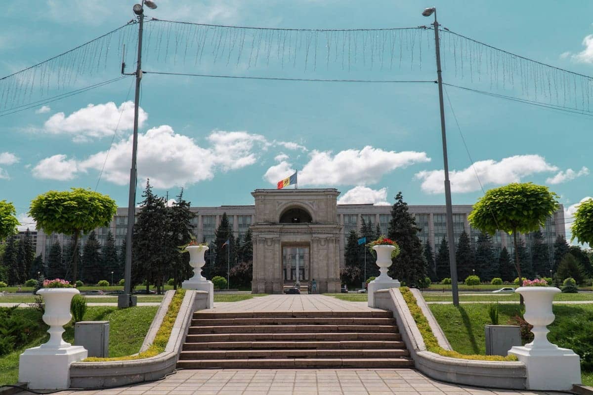 The Arch of Triumph in central Chisinau with the Moldovan flag above it