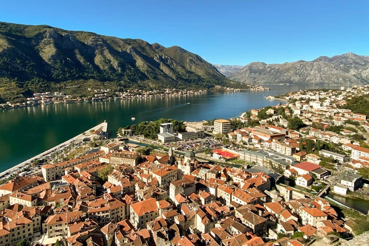 The Bay of Kotor seen from above, with the town along the shoreline